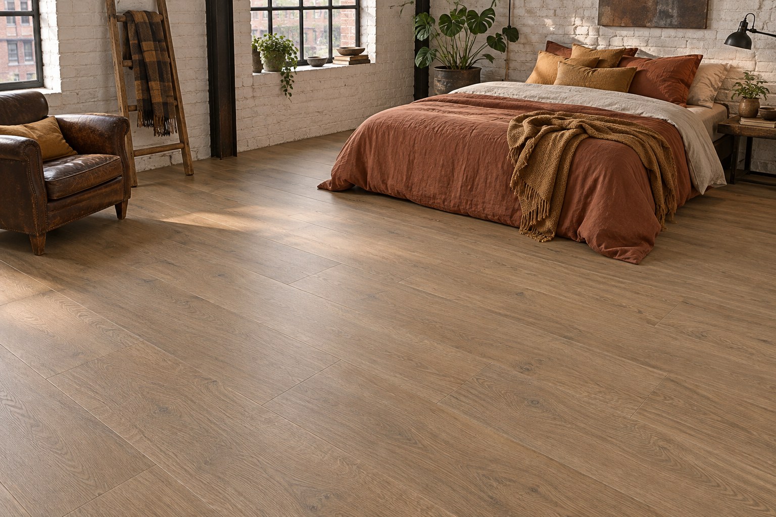 Impressie: Ambiant Marento Dark oak pvc vloer in een slaapkamer